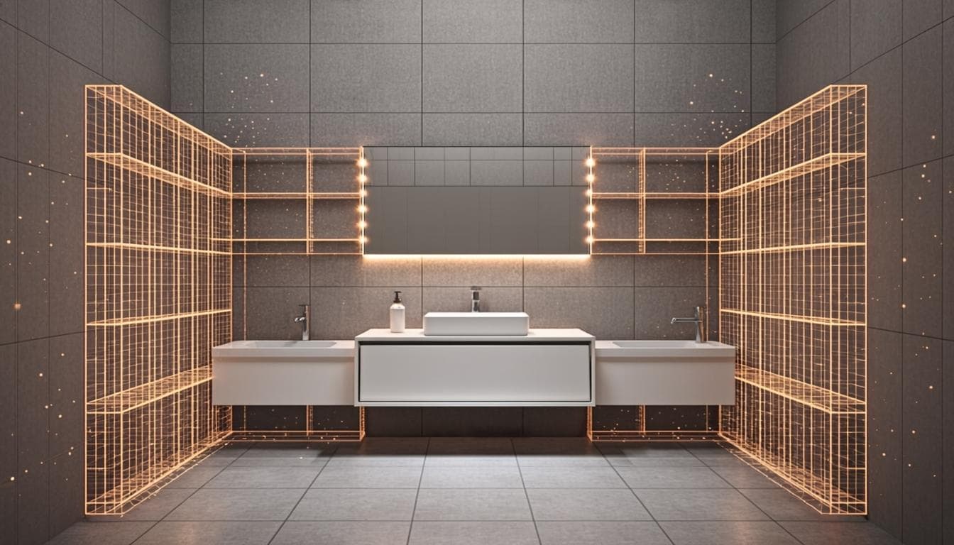 Baño reformado con malla de análisis de inteligencia artificial superpuesta